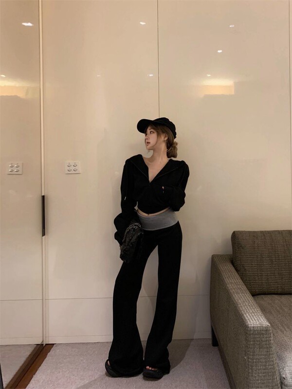 辣妹运动风连帽拉链长袖休闲卫衣外套上衣女撞色微喇拖地裤套装女|undefined