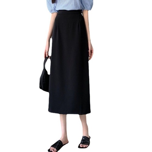 2024 Summer Plus Size Heavyset Women's Black High-Waisted Medium-Length Slit A-Line Skirt Bodycon Skirt