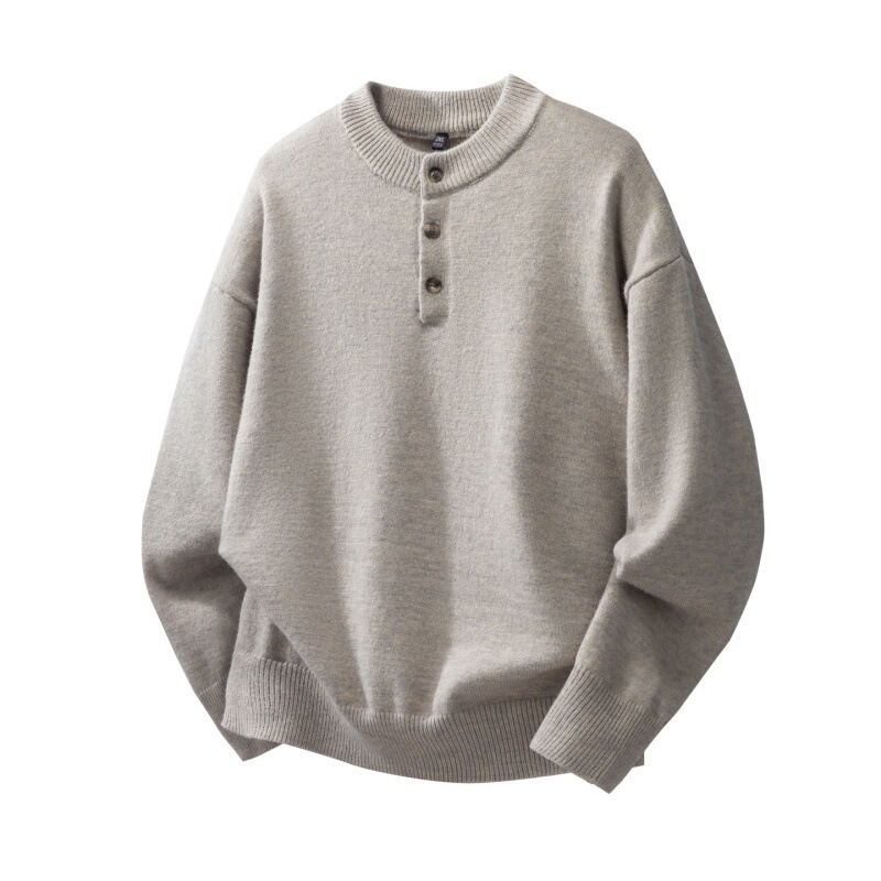 2026 Autumn/Winter Men's Henley Collar Sweater, Half-Placket, Three-Button, Loose Fit, Drop Shoulder, Casual Pullover Knit