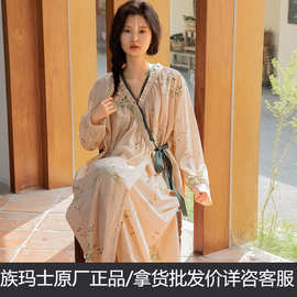 族玛士春秋季睡袍女薄款斜襟复古纯棉睡衣晨袍浴袍夏家居服175