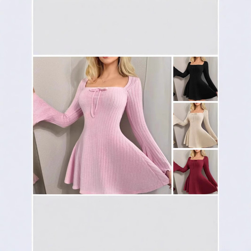 2025 Autumn/Winter New Cross-Border European and American Women's Fashion Ins Slim Fit Square Neck Waist-Cinching A-Line Dress Long Sleeve Ribbed Dress