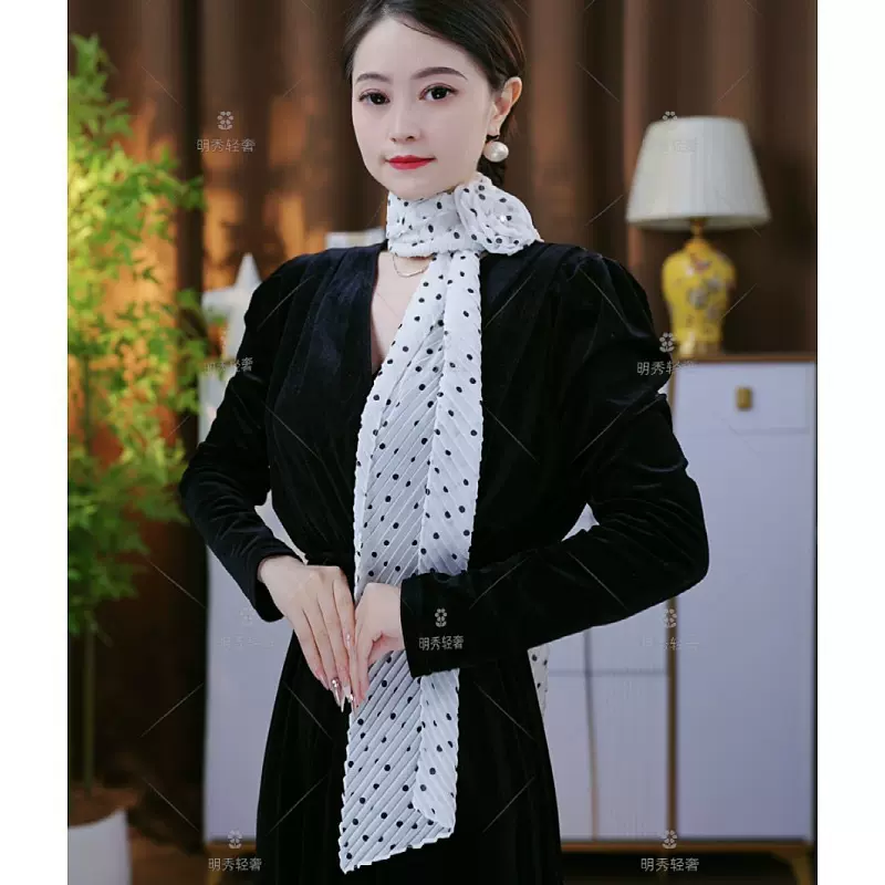 法式气质波点小众中长丝巾围巾玫瑰领花装饰拍照旅游女士小丝巾