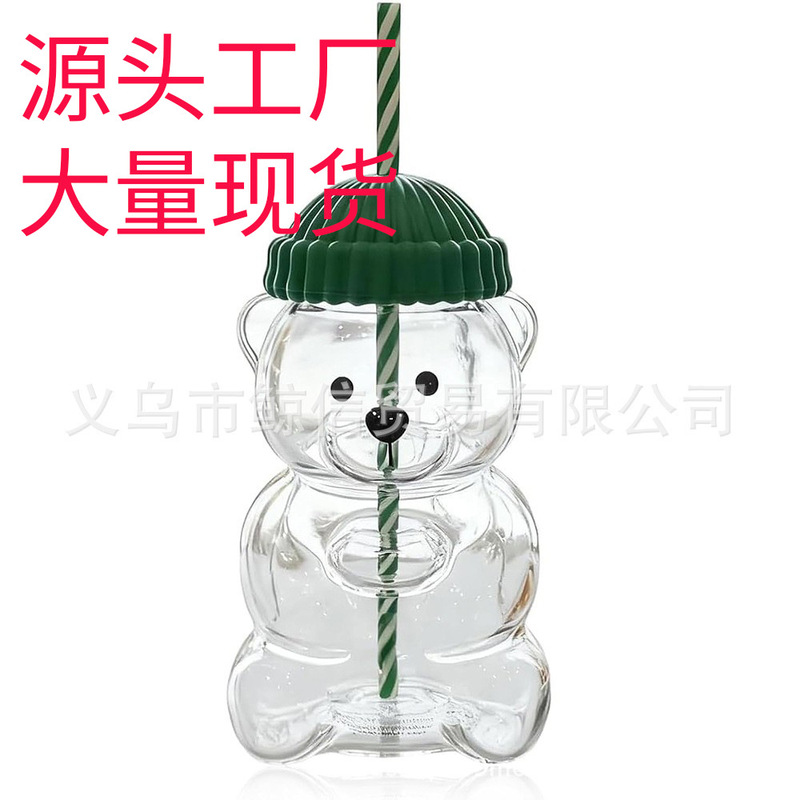 Cross-Border Amazon Bearista Glass Straw Cup Teddy Bear Cup High Borosilicate Glass Straw Cup