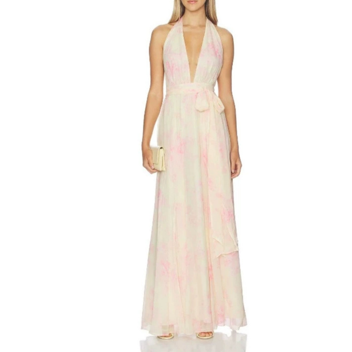 2026 New Amazon Export Pink Printed Chiffon Halter Neck Tie Backless Waist-Cinching A-Line Long Dress 2026 New Amazon Export Pink Printed Chiffon Halter Neck Tie Backless Waist-Cinching A-Line Long Dress