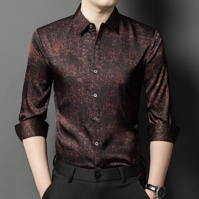 Branded spring and autumn men's long-sleeve shirt, mulberry silk, dark floral pattern, business casual, high-end, wrinkle-free shirt for middle-aged men