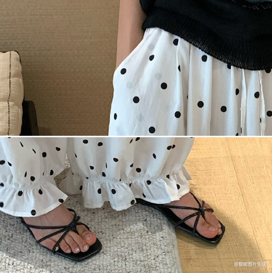 Quần culottes nữ ống rộng chấm bi phong cách vintage, cạp chun, dáng suông rộng thoải mái — màu đen, Màu bí ngô, màu trắng, màu xám chi tiết 10
