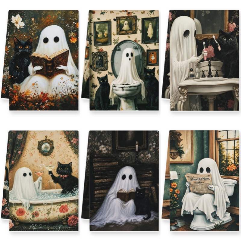 Funny Toilet Ghost Black Cat Print Microfiber Dish Towel Halloween Kitchen Hand-Wiping Absorbent Cleaning Towel Funny Toilet Ghost Black Cat Print Microfiber Dish Towel Halloween Kitchen Hand-Wiping Absorbent Cleaning Towel