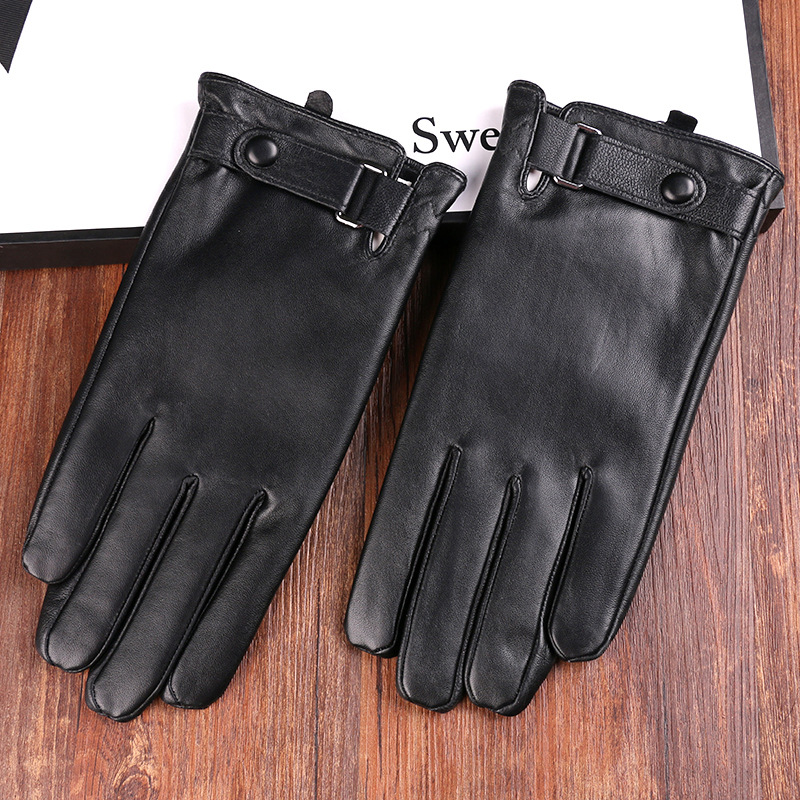 Guantes térmicos de piel de oveja de otoño e invierno guantes de cuero de pantalla táctil de conducción cálida engrosada para hombres simples