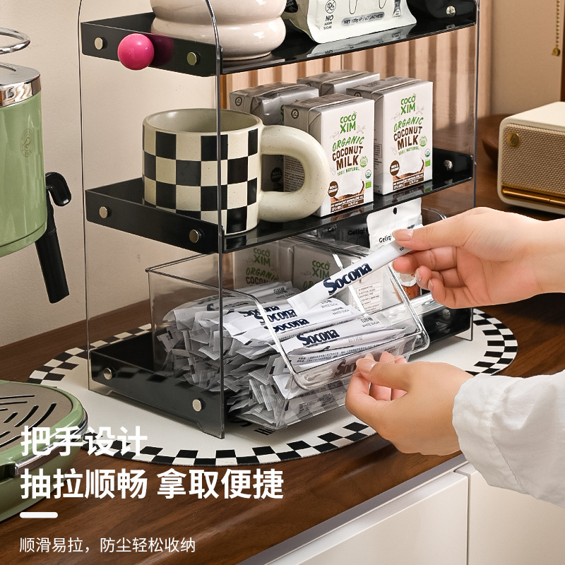 中世スタイルのデスクトップ収納ラック多層ティーバッグラックキッチンウォーターカップ収納ラック引き出し型排水ラックコーヒーカップラック|undefined