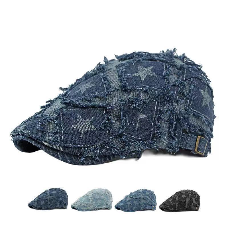 Vintage Washed Denim Duckbill Forward Cap Female Star Distressed British Trend Beret Artistic Hat_voghion.com