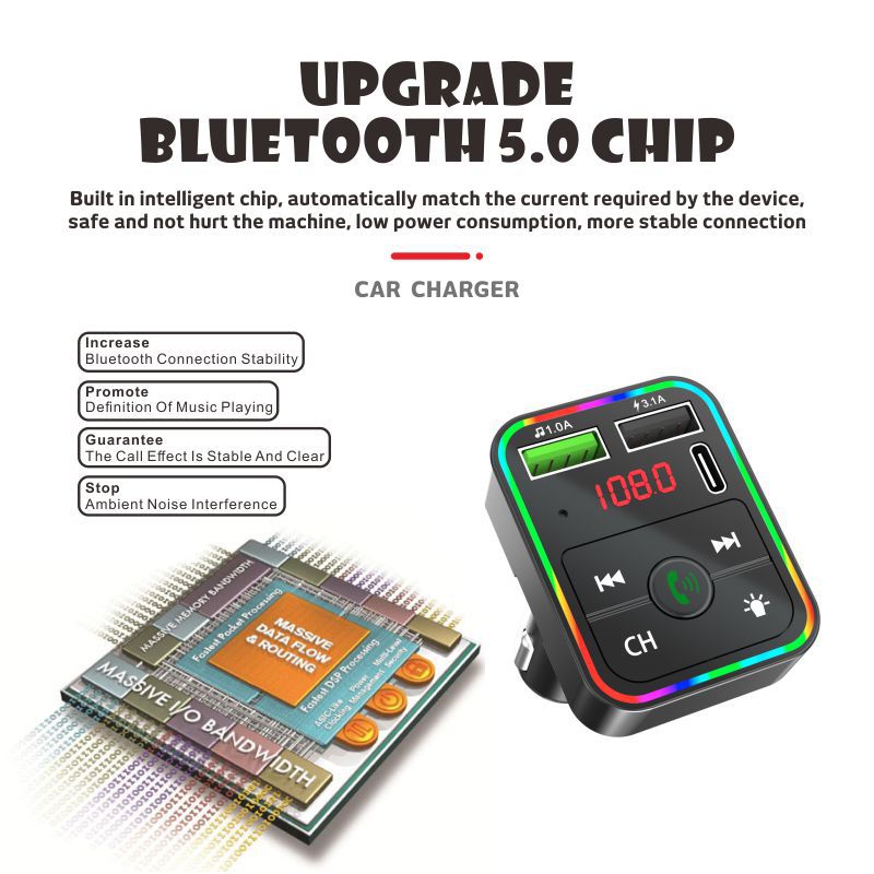 Fm Transmitter and Receiver Car Bluetooth Mp3 Player with Ambient Light Fm Automatic Channel Search to Say Goodbye to Noise