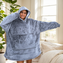 跨境法兰绒加厚羊羔绒睡袍抓绒套头连帽衫电视毯防寒衣居家舒适
