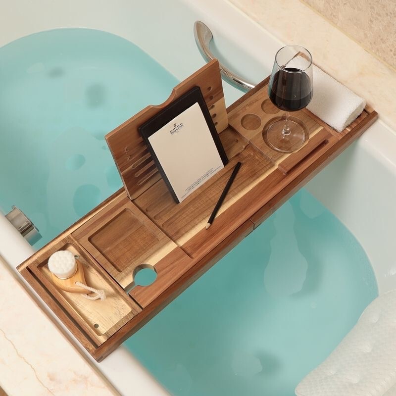 Bathtub Tray Wooden Expandable Bathtub Storage Rack Can Hold Tablet Books Mobile Phone Water Cup Storage Rack