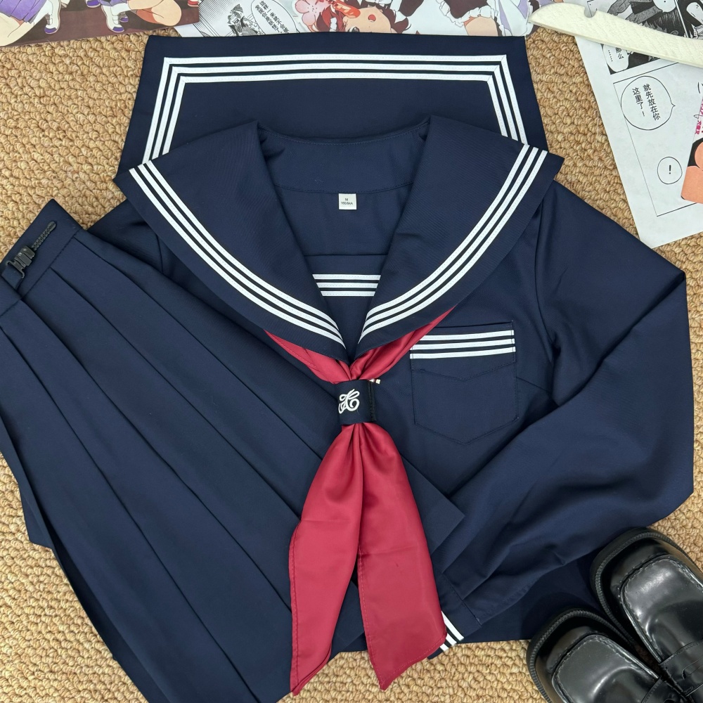 School-Style Navy Blue Three-Piece Autumn and Winter Sailor Skirt Set Jk Uniform Academy Style Short Skirt with Navy Collar Japanese School Style