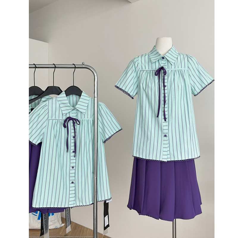 2025 新しい甘いカレッジネックラインボウタイルーズシャツ女性の夏の通勤多用途ファッションスーツ|undefined