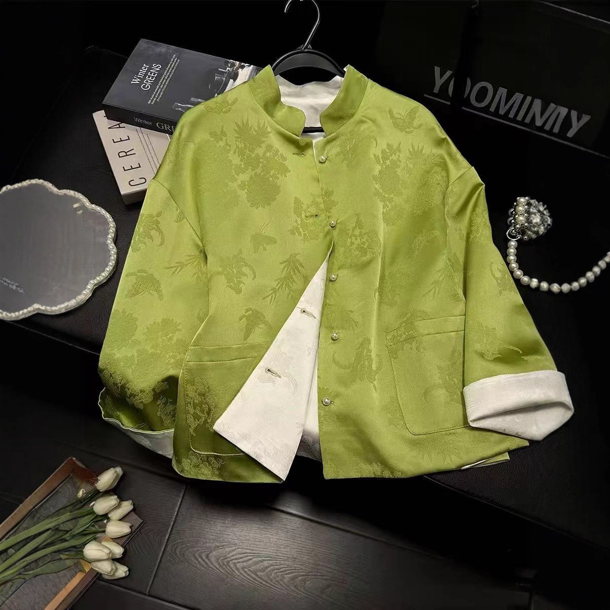 双面双穿新中式女装中国风独特超好看绿色盘扣宋锦提花外套春秋