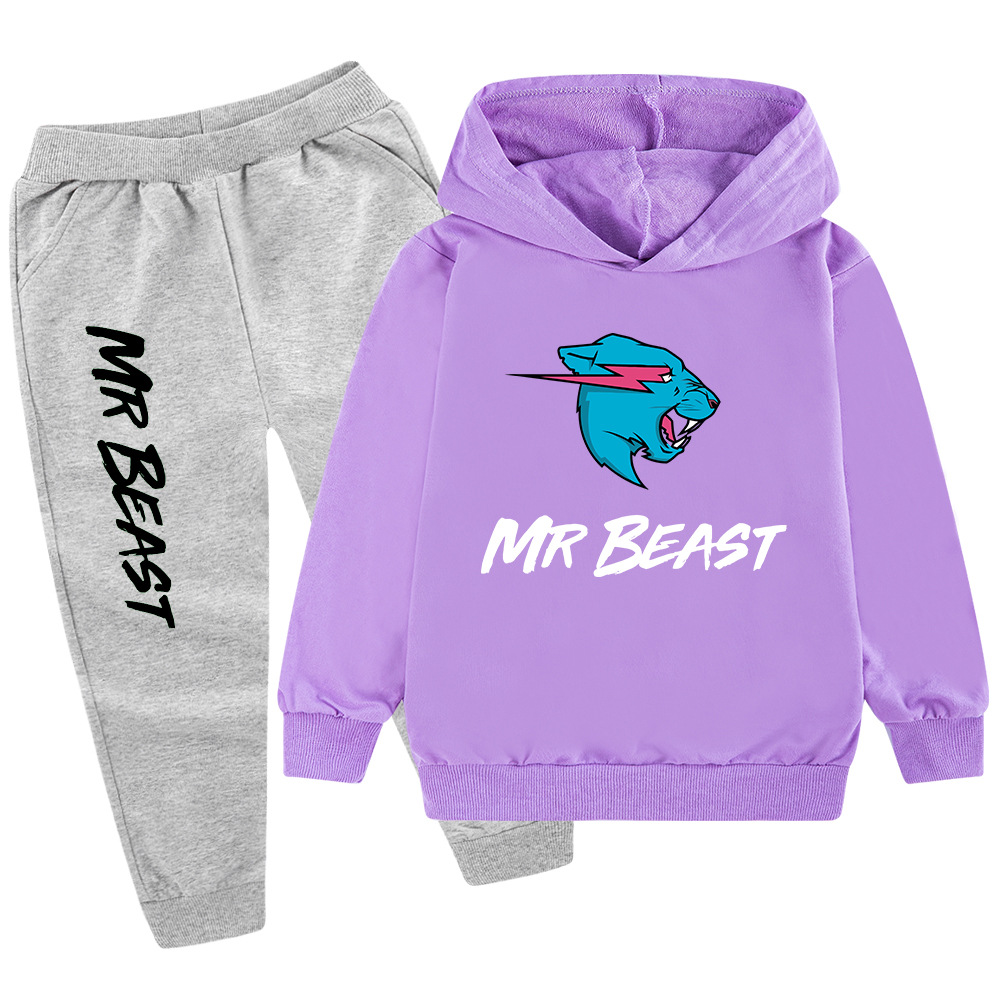 Testa di lupo MR BEAST Cartoon stampato set per ragazzi e bambini felpa con cappuccio maglione + pantaloni PB437_voghion.com