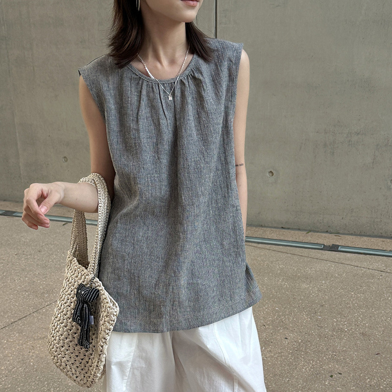 Lino Summer New Korean-Style Simple Vertical Stripe Hollow-Out Sleeveless Top for Women 2026 Design Versatile Vest Top Lino Summer New Korean-Style Simple Vertical Stripe Hollow-Out Sleeveless Top for Women 2026 Design Versatile Vest Top