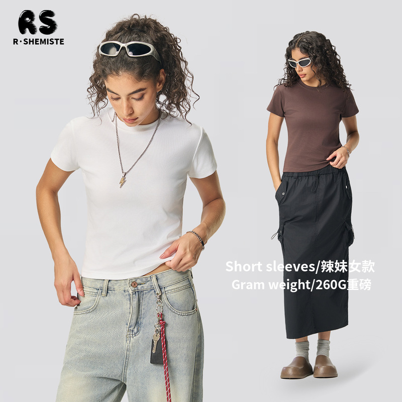 Rs Women's Clothing | Cross-Border European and American Style Slim-Fit Short-Sleeve T-Shirt for Women, Elastic and Close-Fitting Base Layer Top.