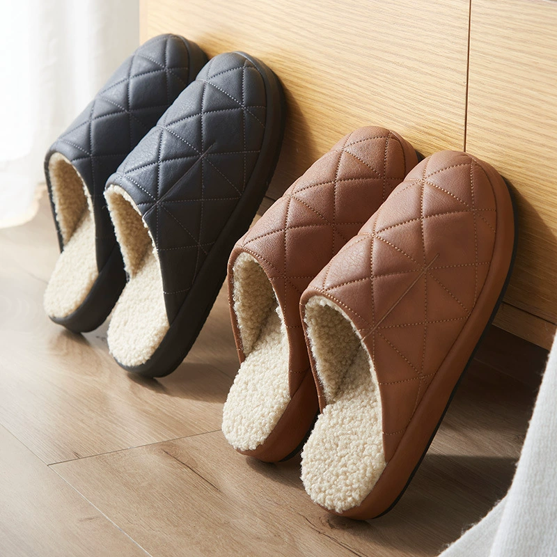 Домашние противоскользящие тапки из кожи PUPU мужские осенние и зимние комнаты с флисом теплые высокие водонепроницаемые хлопчатобумажные тапочки женские
