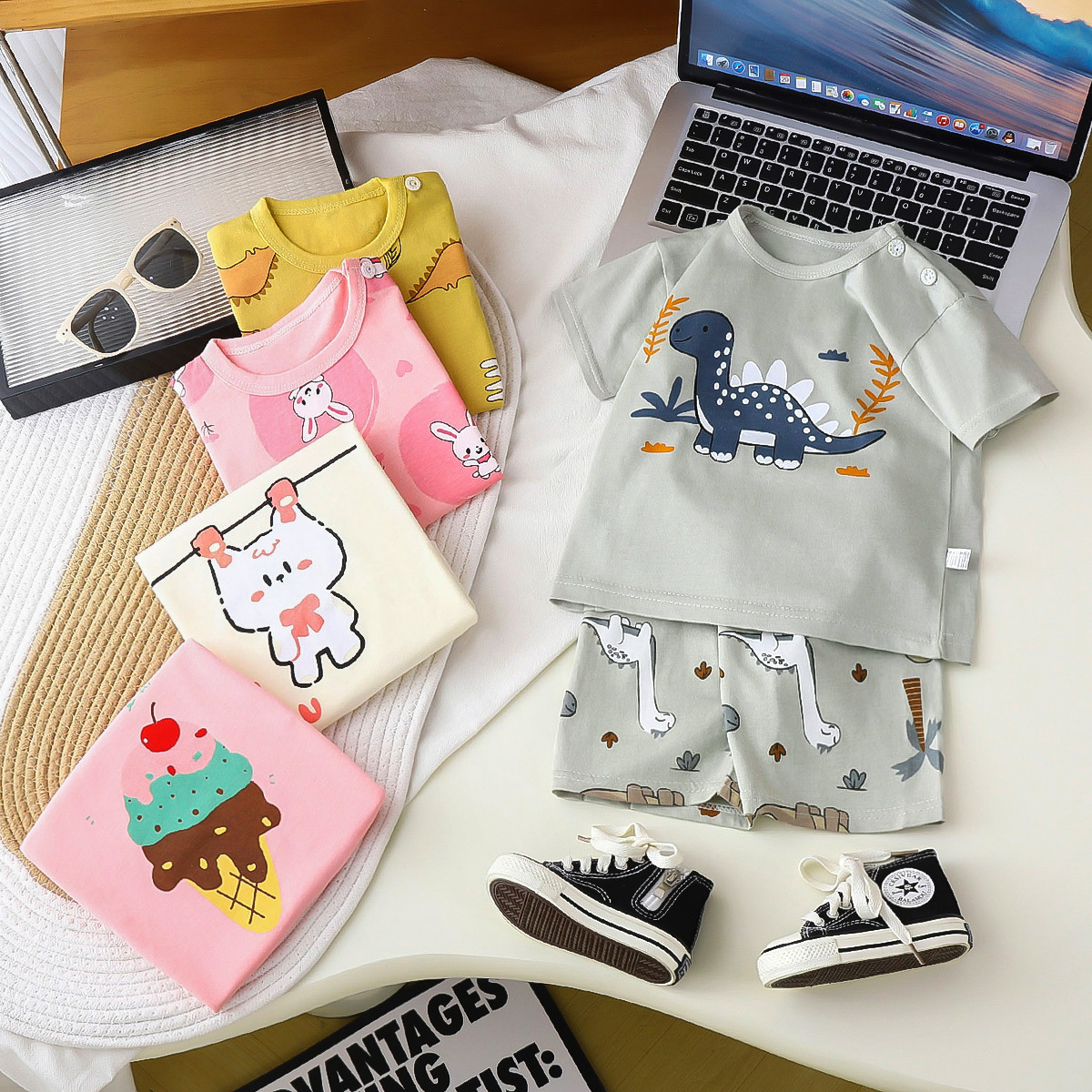 Conjunto de Verano para Niños, Manga Corta, Clase A, Algodón Puro, Camiseta y Pantalones Cortos para Bebés, Ropa de Verano 2026 para Niñas