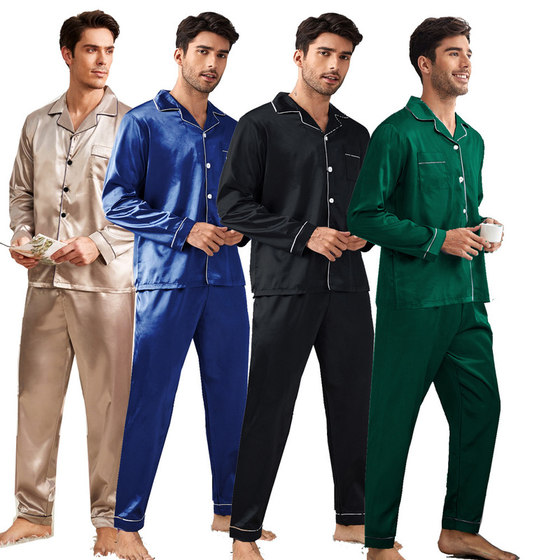European and American Style Men's Long-Sleeve Long-Pants Satin Pajama Set, Two-Piece Loungewear, Luxurious Plus Size European and American Style Men's Long-Sleeve Long-Pants Satin Pajama Set, Two-Piece Loungewear, Luxurious Plus Size