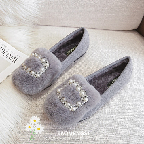 2024 Autumn and Winter low-cut beanie shoes with real rabbit fur and plush fur shoes shallow mouth flat shoes slip-on shoes for women large size
