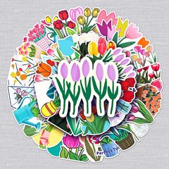 50張鬱金香花塗鴉貼紙跨境卡通小清新花朵DIY水杯行李箱貼紙防水