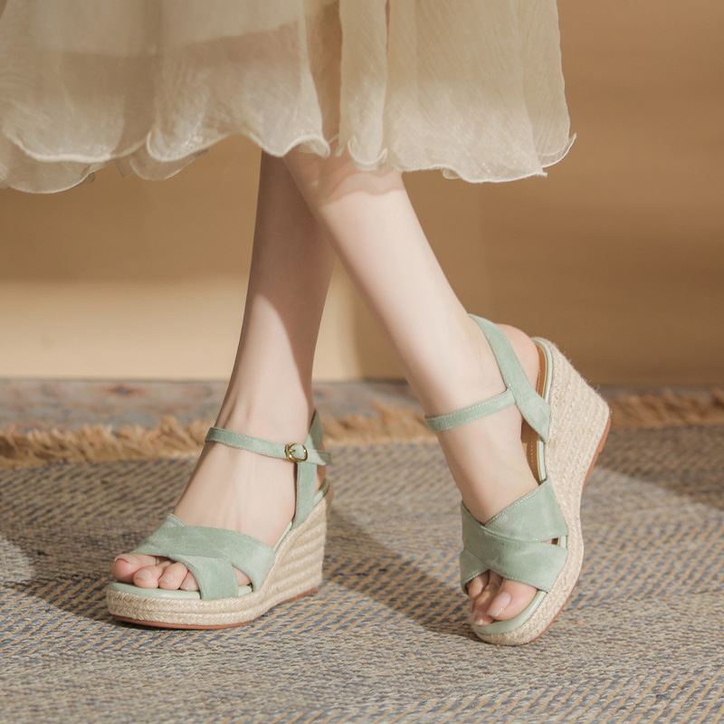 Sandal cao gót nữ hở mũi đế xuồng gót cao 9 cm, quai ngang đan dây thừng — Xanh lá cây nhạtcolor