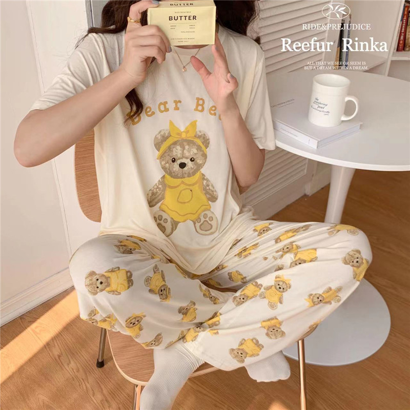 Reefur Rinka Pear Flower Family Spring Pajamas Women's Modal Crewneck Printed Doll Bear Short-sleeved Trousers Home Clothes
