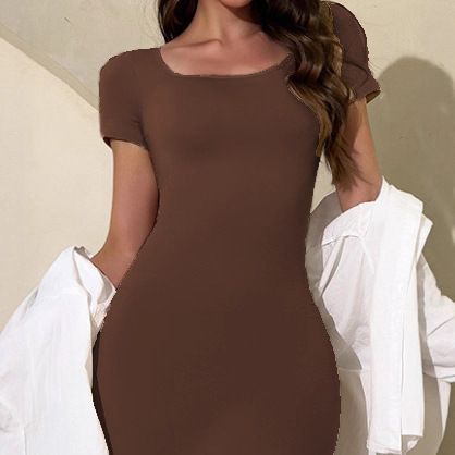 Cross-Border Hot-Selling Slim Waist, Hip-Raising, Hip-Hugging Skirt, Tummy-Tightening, Long-Sleeved, Square-Neck, Tight-Fitting Seamless Dress for Women