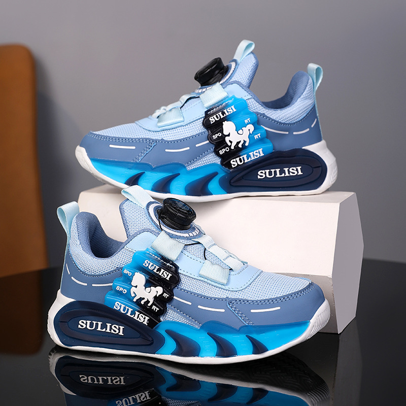 Zapatos giratorios con botones, malla, zapatos deportivos para niños de moda transpirables, 2025 nuevos zapatos para correr para niños, cabello lacio de fábrica