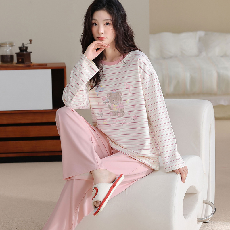 Women's spring and autumn pajama set, pure cotton, long-sleeved, long pants, round neck, pullover style, available in plus sizes, can be worn as loungewear
