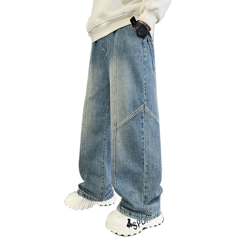 男の子韓国風春服ティーンエイジャーデニムパンツ 2025 新しいファッショナブルなスポーツ子供服男の子カジュアルワイドレッグパンツ|undefined