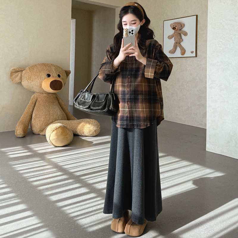 现货孕妇套装秋冬新款加厚磨毛格子衬衫 针织半身裙两件套套装|undefined