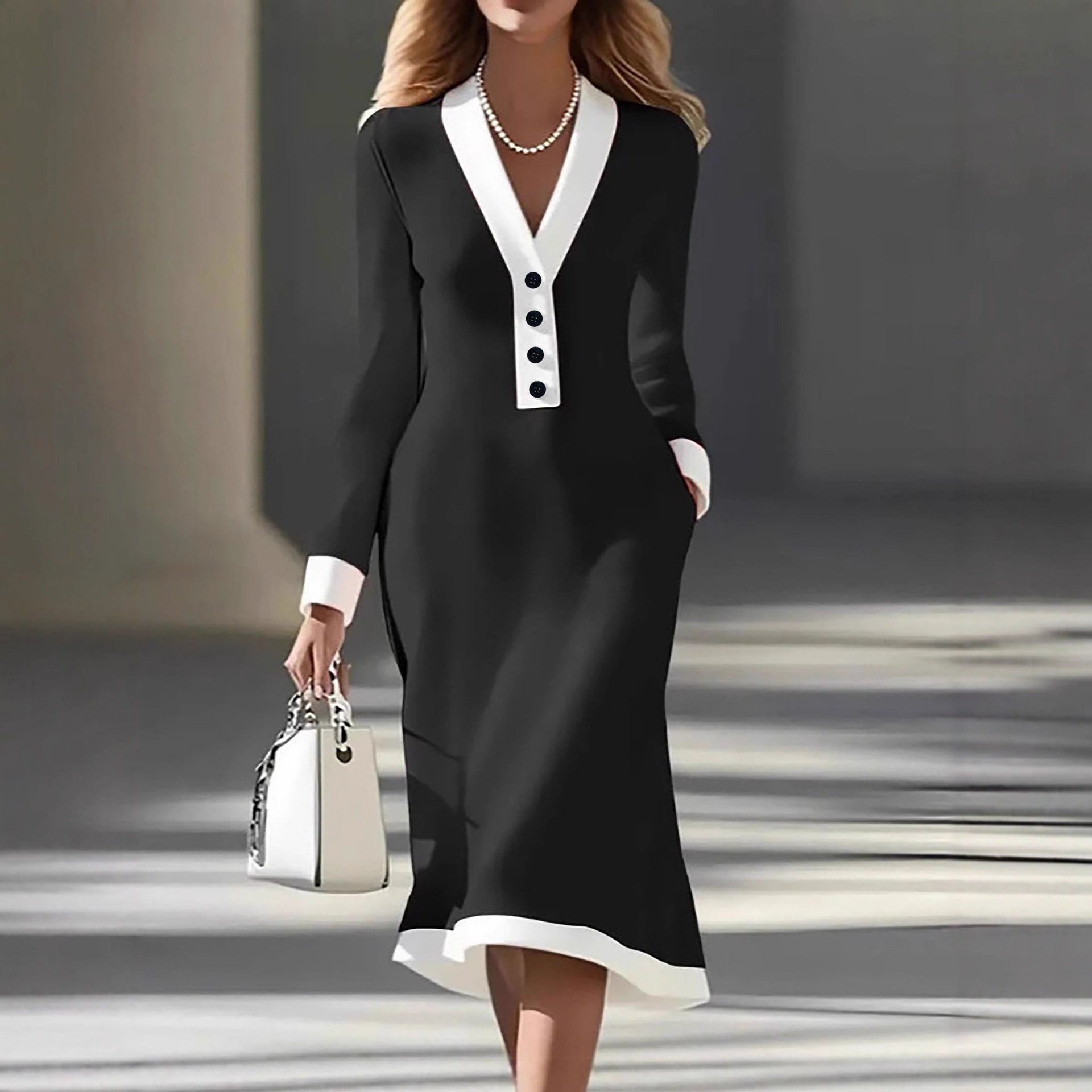 2025欧美跨境外贸春秋优雅通勤拼色V领中长裙 休闲连衣裙