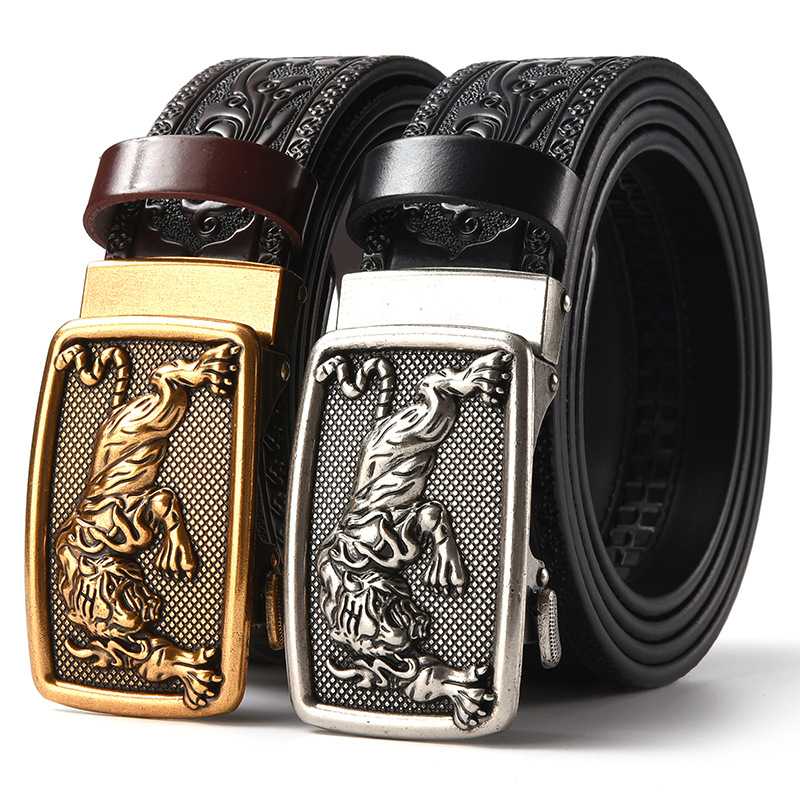 Cross-border automatic buckle men's belt leather retro style carved leisure Joker tiger wolf king snake manufacturers wholesale