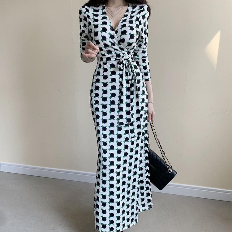 Summer New Crystal Linen Long Wrap Dress One-piece Printed V-Neck Tight Waist Slimming Goddess Elegant Dress