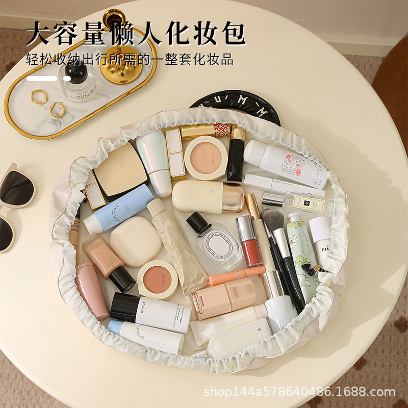怠惰な巾着化粧品バッグ大容量ポータブル旅行トイレタリー収納袋厚い PU 防水メイクアップオーガナイザー|undefined