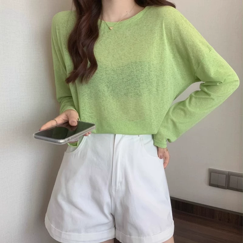 Оптовая сетка нижняя рубашка женская ранняя весна лето новая черная слегка прозрачная рубашка с длинными рукавами