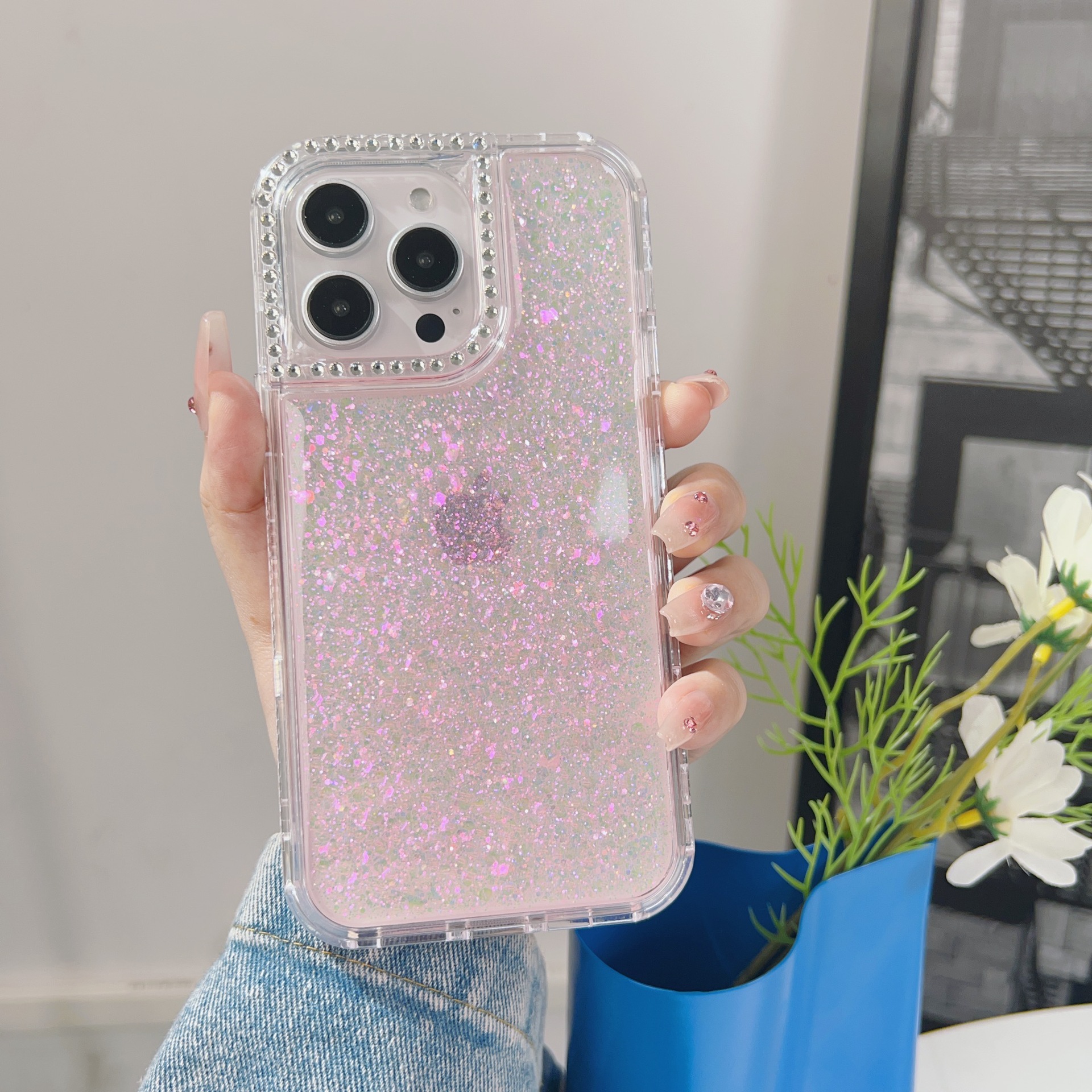 原厂批发适用iPhone16Pro镜框点钻轻奢苹果14滴胶闪片防摔手机壳