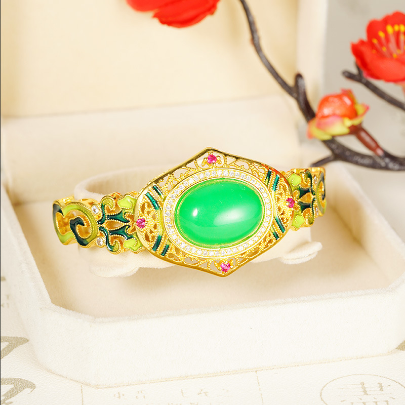 Patrón de oro de arena antigua abertura pulsera de medula de jade estilo palacio retro esmalte estilo nacional joyería en vivo caliente
