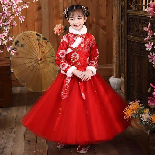 Girls Red Pink Hanfu winter Chinese wind of the girls children's chinese folk ancient costume princess fairy dress New Year tang suit for kids 