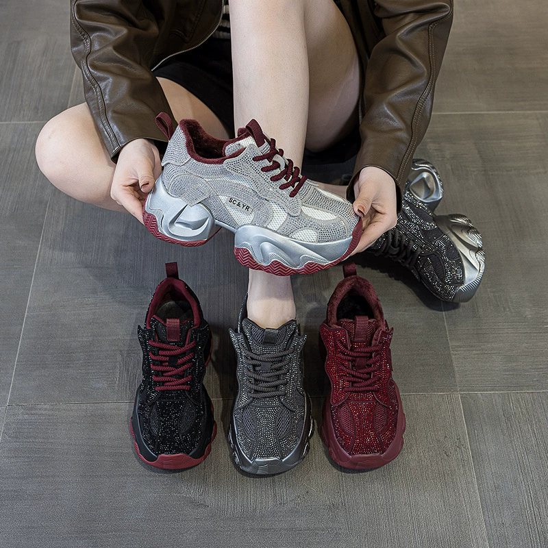 Женские туфли для папы Gypsophila со стразами, новинка 2023 года, повседневная модная универсальная элегантная женская обувь для папы на толстой подошве с внутренним увеличением