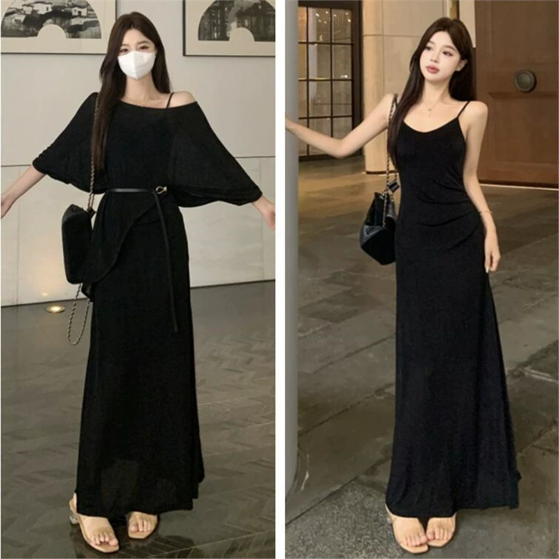 Плюс сайз: элитный модный черный комплект из блузки и платья на подтяжках для женщин, летний набор для полных, длинная юбка