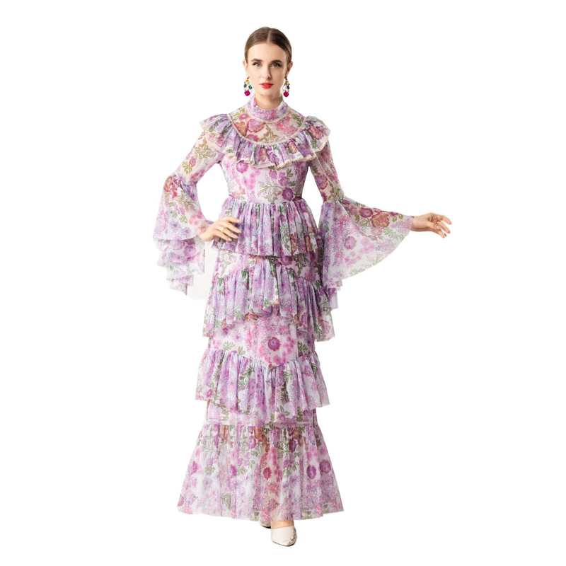 Goddess Floral Dress French Style Long Dress with Bell Sleeves Autumn and Winter Slimming Dress Light Luxury 2026
