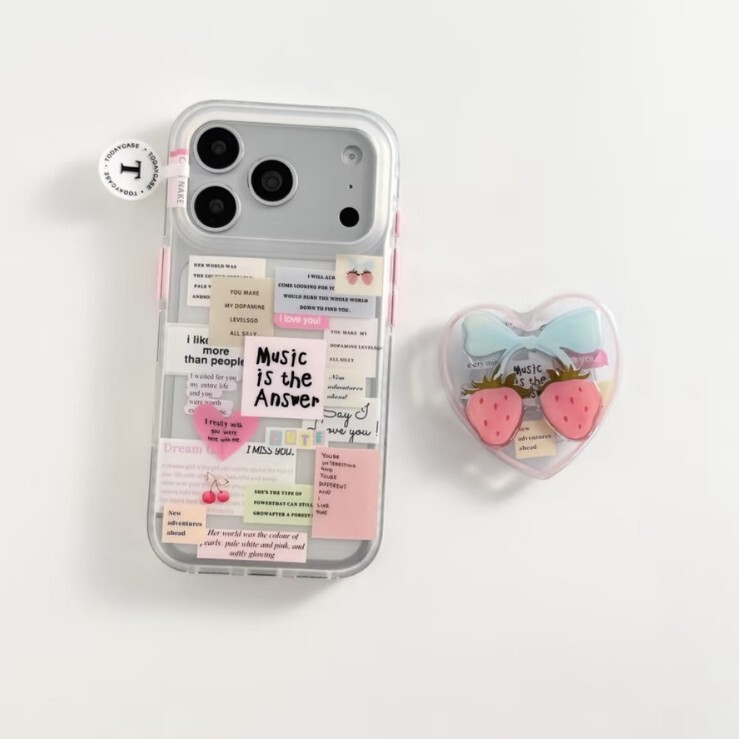 Korean-style heart-shaped strawberry English collage phone case suitable for iPhone 17 Pro Max, new matte case for Apple 15 and 16 Korean-style heart-shaped strawberry English collage phone case suitable for iPhone 17 Pro Max, new matte case for Apple 15 and 16