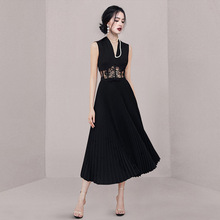 欧韩女装夏季长款名媛连衣裙名媛高端蕾丝百褶深v领小黑裙礼服裙