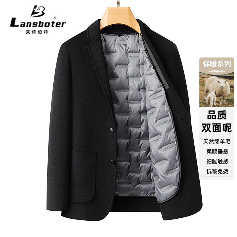 Áo vest nam dạ len hai mặt có lớp lót lông vũ tháo rời, tay dài, cổ vest — Cà phê xám, màu xám đậm, đen