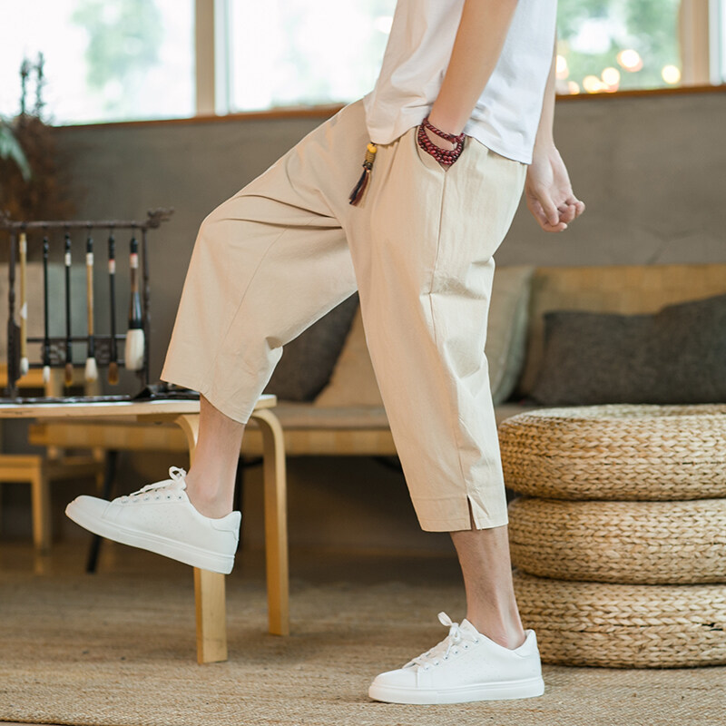 Cotton Capri Pants Men's Summer Thin Shorts Chinese Style plus size Wide Leg Pants Loose All-match Cotton Linen Casual Pants